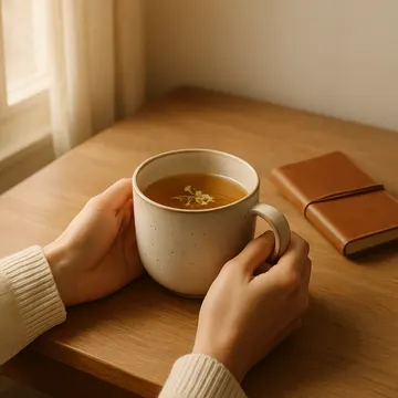 Le Protocole 72h : mug de tisane sur table en bois, lumière du matin